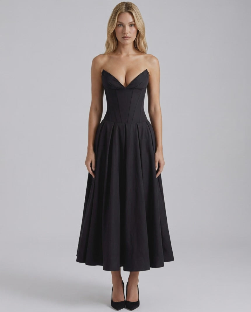Aveline Midi Dress - Structured polyester, fitted bodice, V-neckline, flowing skirt, modern silhouette by Lauven.