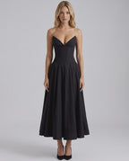 Aveline Midi Dress - Structured polyester, fitted bodice, V-neckline, flowing skirt, modern silhouette by Lauven.