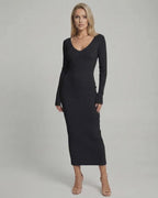 Noir Midi Dress showing a sleek black ribbed v-neck knit design, flattering pencil shape by Lauven for elegant comfort.