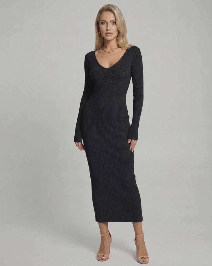 Noir Midi Dress showing a sleek black ribbed v-neck knit design, flattering pencil shape by Lauven for elegant comfort.