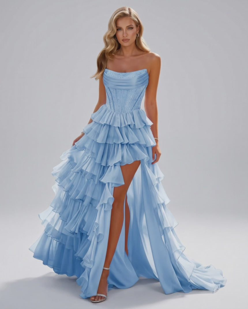 Celestia Maxi Dress by Lauven — organza strapless corset tiered maxi dress