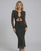 Nova Midi Dress by Lauven – Black sheer long sleeve sheath midi dress perfect for evening wear and parties.