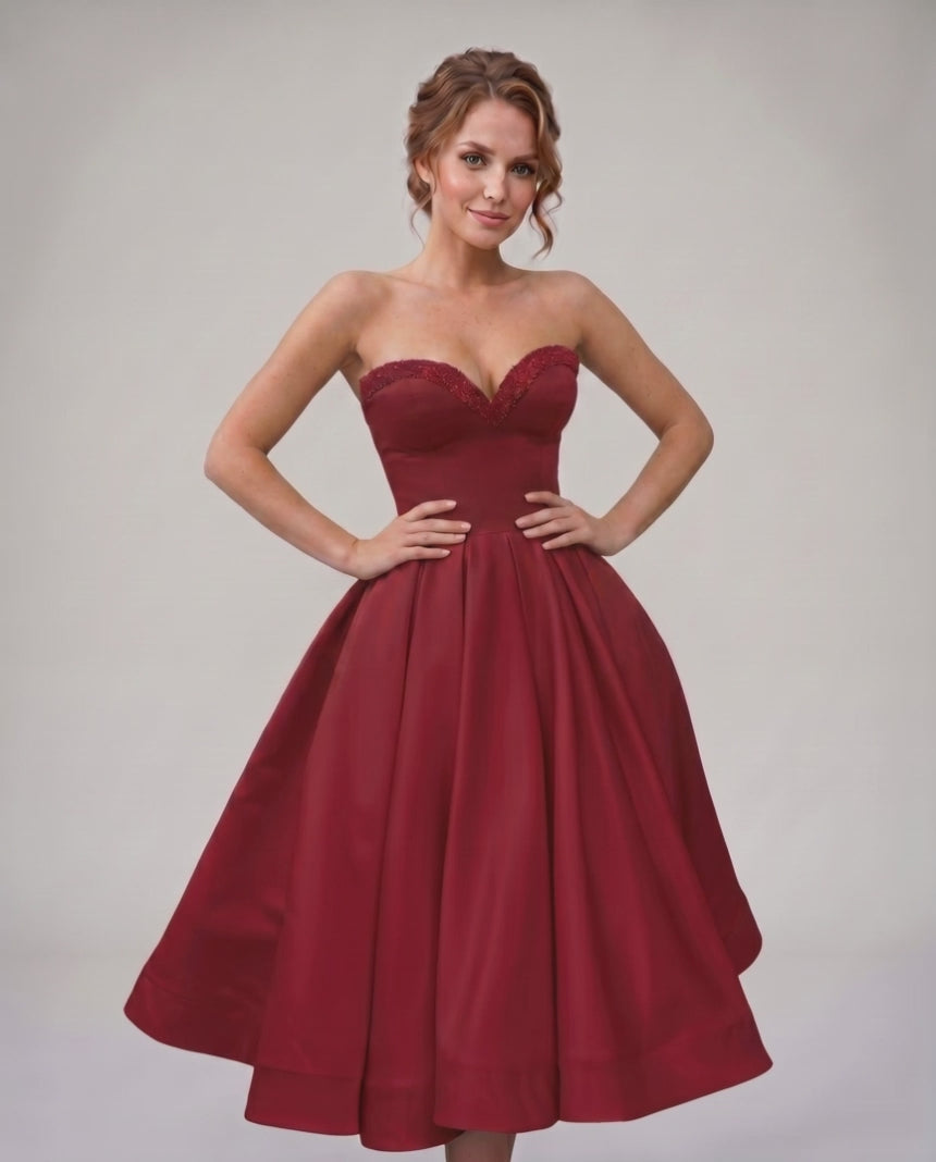 Veloura Midi Dress by Lauven — satin strapless sweetheart A-line midi dress