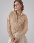 Veloura Sweater by Lauven — women’s cable knit half-zip sweater with ribbed texture and relaxed fit