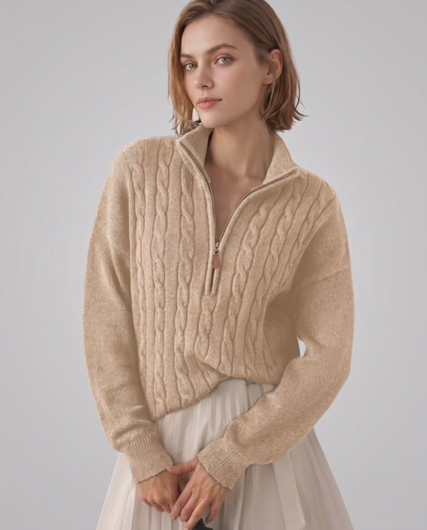 Veloura Sweater by Lauven — women’s cable knit half-zip sweater with ribbed texture and relaxed fit