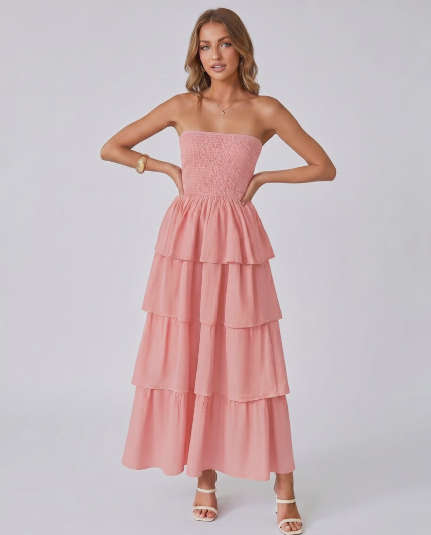 Solenne Maxi Dress by Lauven — lightweight sleeveless strapless tiered maxi dress