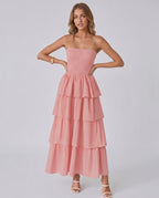 Solenne Maxi Dress by Lauven — lightweight sleeveless strapless tiered maxi dress
