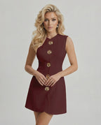 Valencia Mini Dress featuring a sleeveless A-Line cut with gold-tone buttons by Lauven, in deep burgundy for an elegant look.