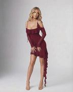Marina Mini Dress in burgundy with ruffled asymmetric hem, featuring spaghetti straps and off-shoulder sleeves by Lauven.