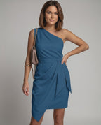 Seralyn Mini Dress by Lauven — one-shoulder sleeveless draped wrap mini dress with belt