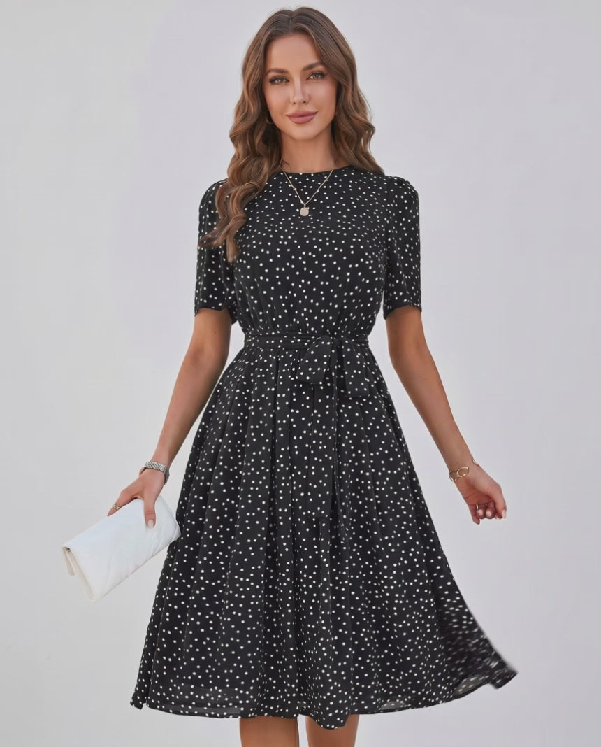 Veloura Midi Dress by Lauven — polka dot short sleeve o-neck A-line midi dress