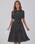 Veloura Midi Dress by Lauven — polka dot short sleeve o-neck A-line midi dress