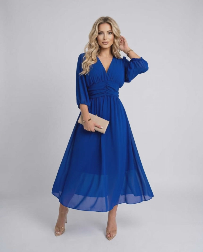 Veloura Midi Dress by Lauven — lightweight chiffon three quarter sleeve v neck A-line midi dress