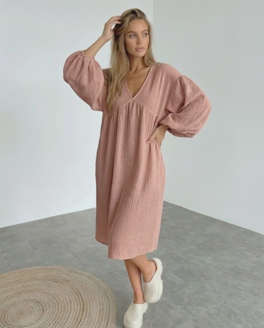 Roselle Midi Dress - Dusty rose cotton dress with puff sleeves, feminine charm from Lauven, perfect for everyday wear.