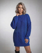 Royal Mini Dress by Lauven in deep blue cable knit with relaxed fit and dropped sleeves.