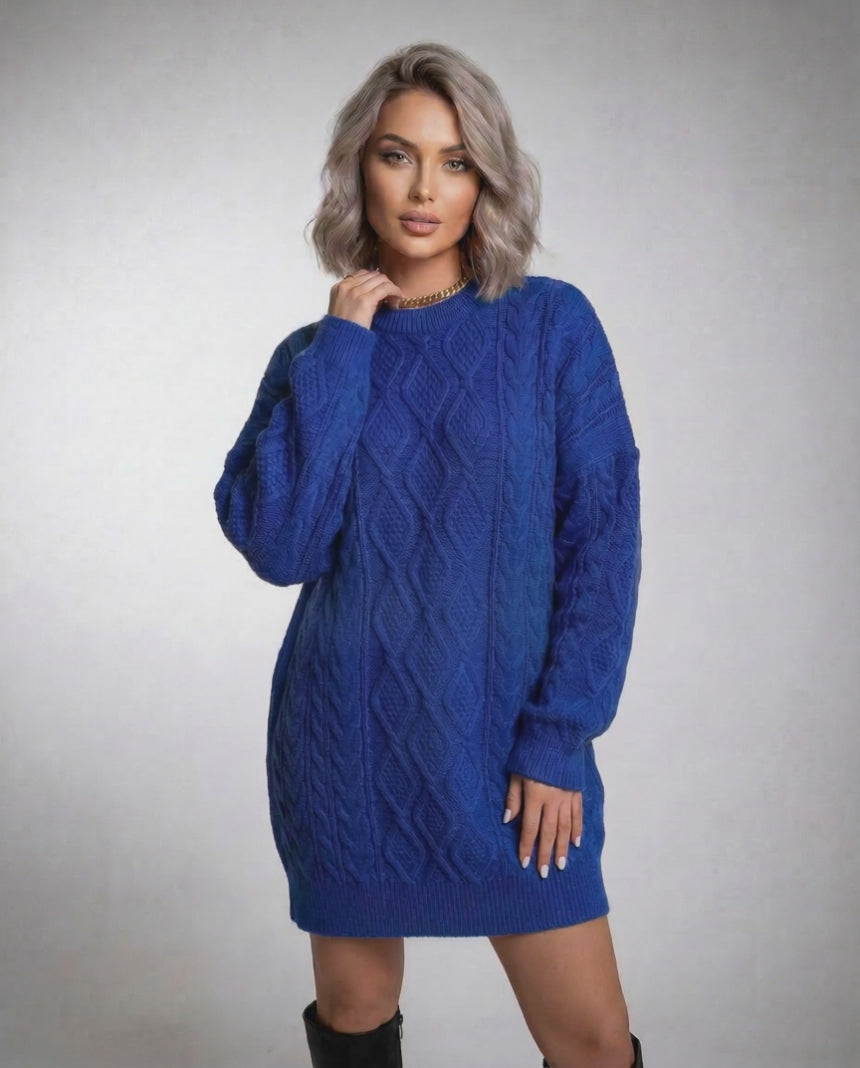 Royal Mini Dress by Lauven in deep blue cable knit with relaxed fit and dropped sleeves.