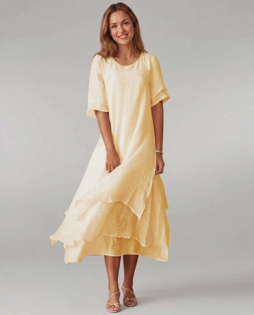 Aurelia Midi Dress by Lauven — lightweight short sleeve round neck layered midi dress