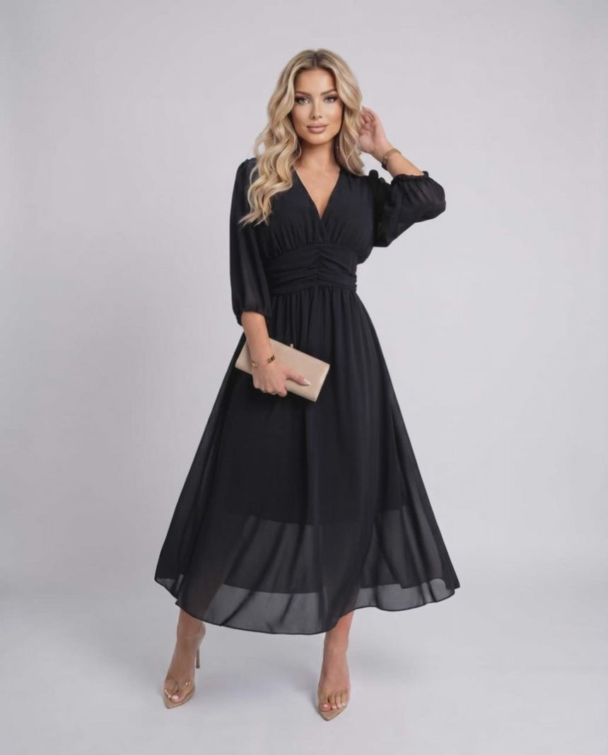 Veloura Midi Dress by Lauven — lightweight chiffon three quarter sleeve v neck A-line midi dress