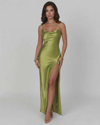Vesper Maxi Dress by Lauven - Olive green satin asymmetrical mini dress with elastic waist.