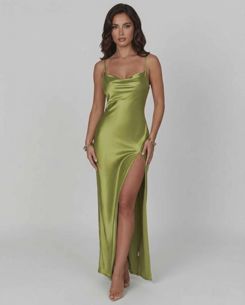 Vesper Maxi Dress by Lauven - Olive green satin asymmetrical mini dress with elastic waist.