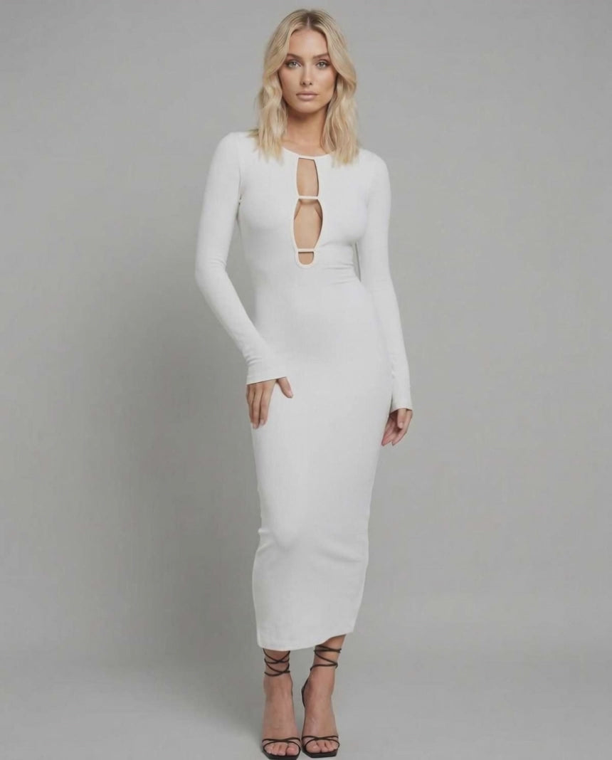 Nova Midi Dress by Lauven featuring elegant cut-out design and long sleeves in white.