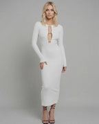 Nova Midi Dress by Lauven featuring elegant cut-out design and long sleeves in white.