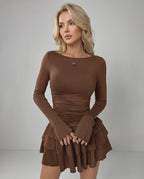 Aurevia Mini Dress by Lauven — stretch long sleeve round neck fitted mini dress with ruffle hem