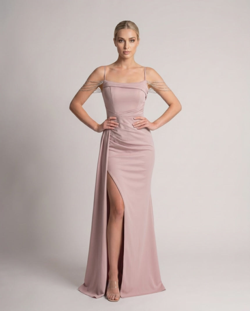 Celestia Maxi Dress by Lauven — polyester spaghetti strap mermaid maxi dress with beading and split