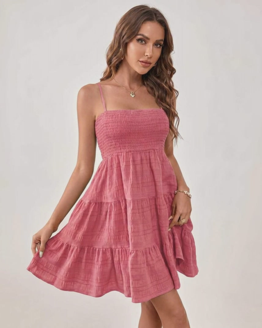 Solara Mini Dress by Lauven — textured sleeveless square neck tiered swing mini dress