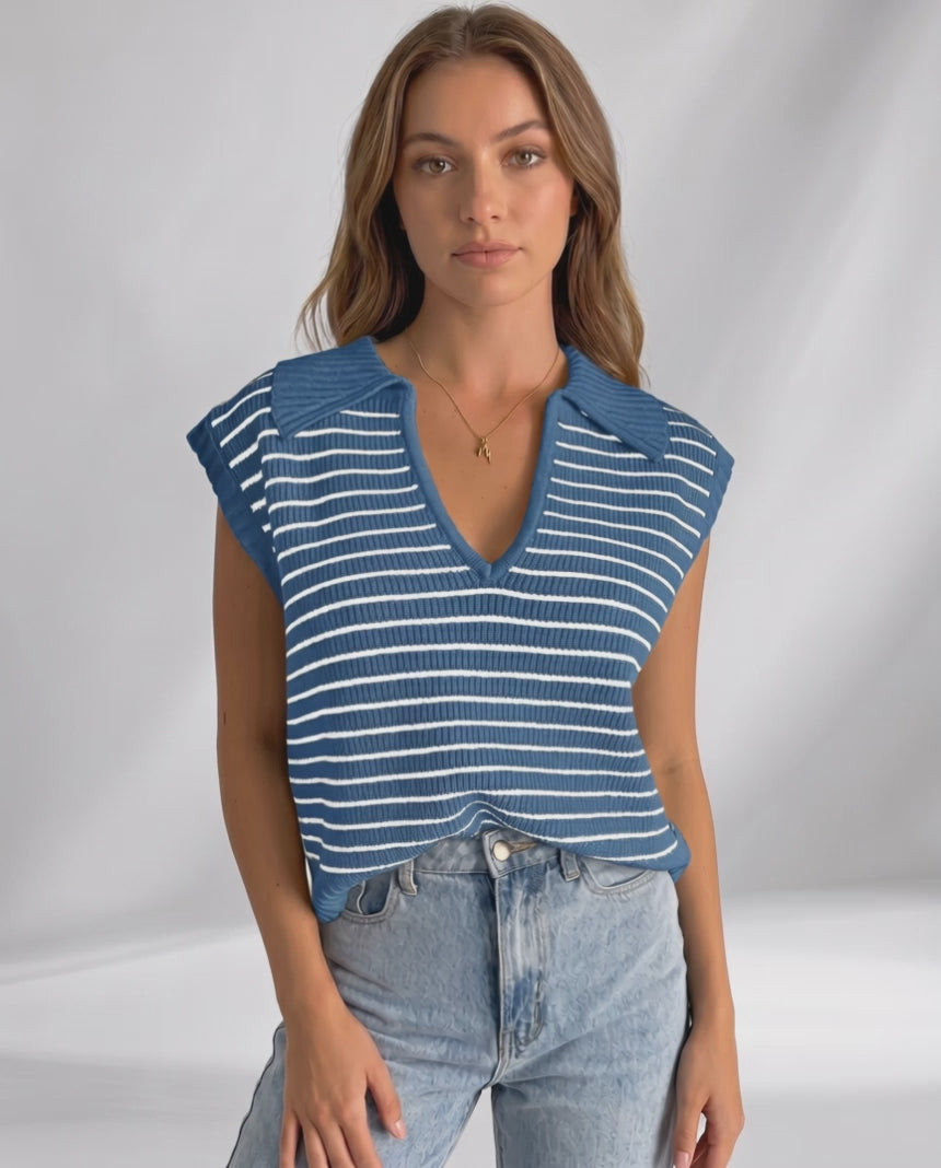Solvane T-Shirt by Lauven — women’s ribbed striped T-shirt with lapel collar and V-neck knit design