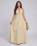 Solara Maxi Dress by Lauven — chiffon sleeveless halter V-neck A-line maxi dress