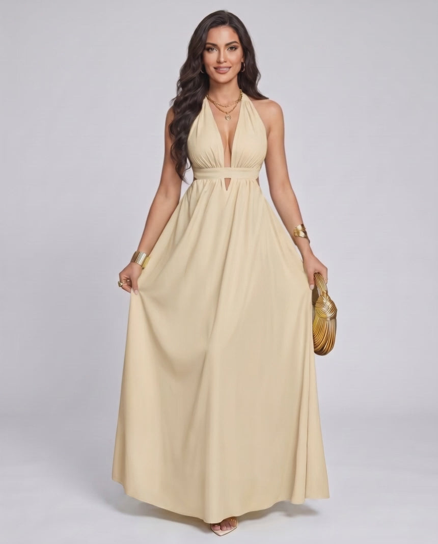 Solara Maxi Dress by Lauven — chiffon sleeveless halter V-neck A-line maxi dress