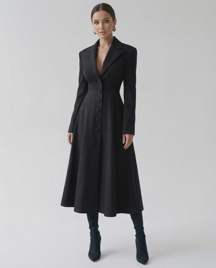 Valen Midi Dress: Elegant black A-line blazer dress with long sleeves by Lauven, enhancing feminine sophistication.