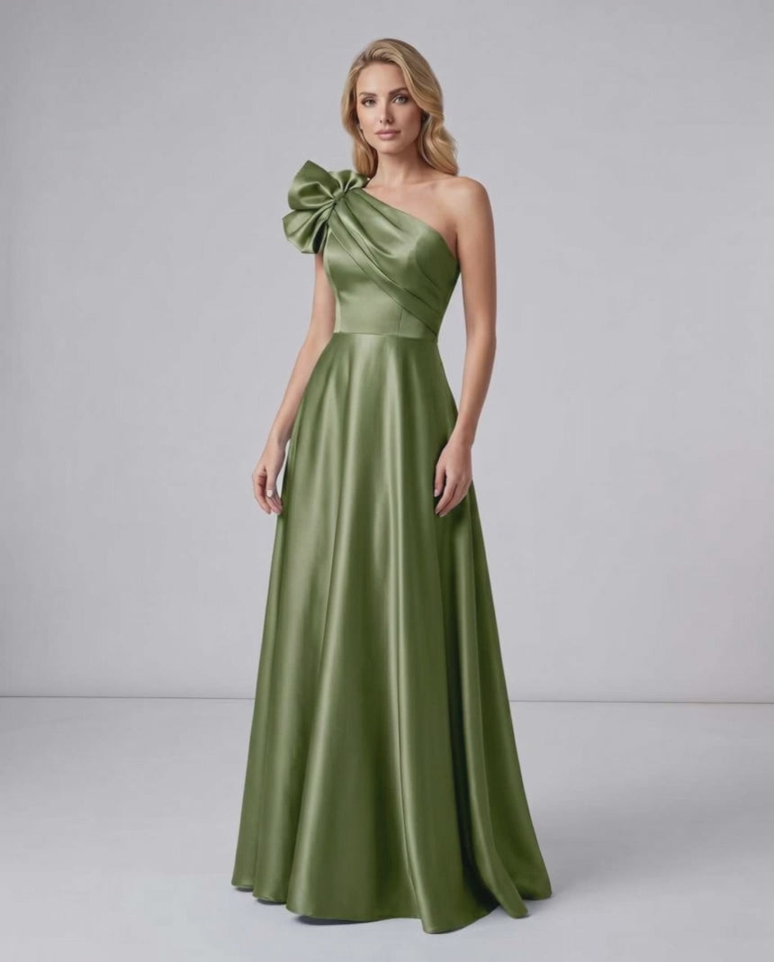 Aurevina Maxi Dress by Lauven — satin one shoulder A-line maxi dress with ruffle detail