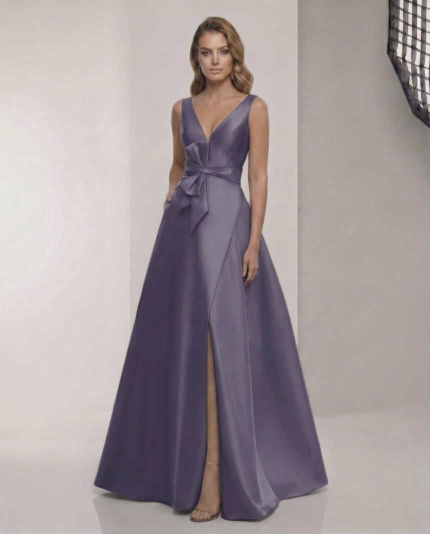 Veloura Maxi Dress - Satin A-Line Blue Maxi Dress with V-Neck, Bow Detail by Lauven, elegant and refined.