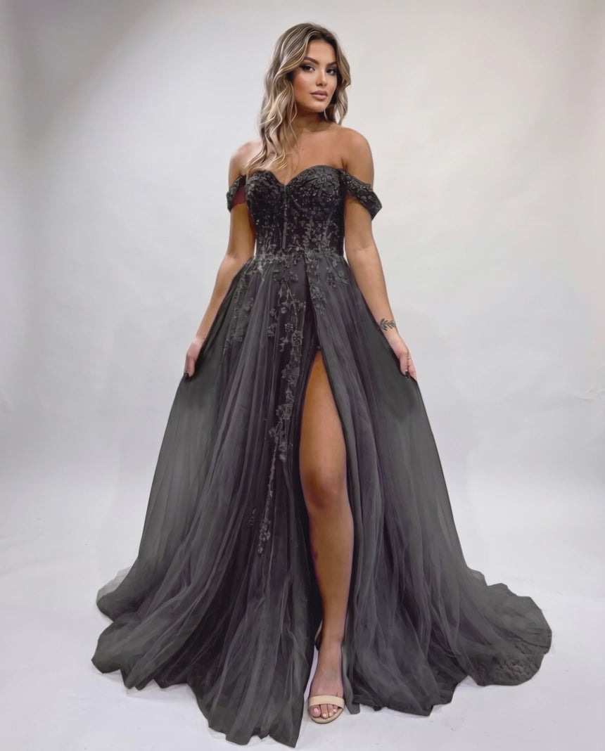 Celestia Maxi Dress by Lauven — tulle lace off-shoulder sweetheart A-line maxi dress