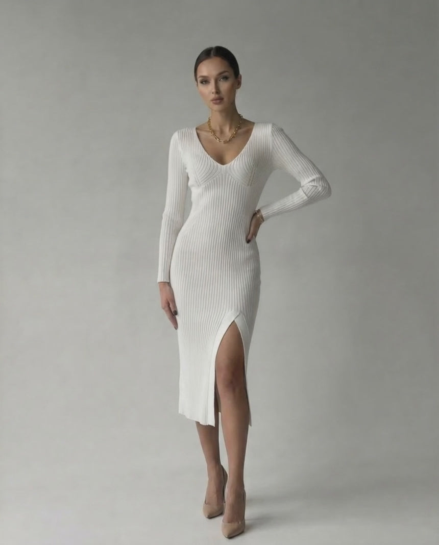 Elara Midi Dress by Lauven, elegant ribbed knit V-neck pencil dress in white with a thigh slit.