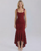 Crimson Maxi Dress by Lauven, featuring square neckline and pleated fish tail hem in deep red.