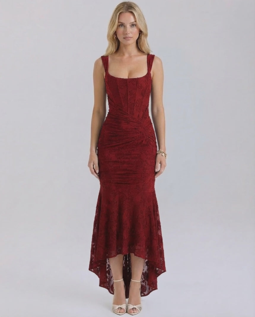 Crimson Maxi Dress by Lauven, featuring square neckline and pleated fish tail hem in deep red.