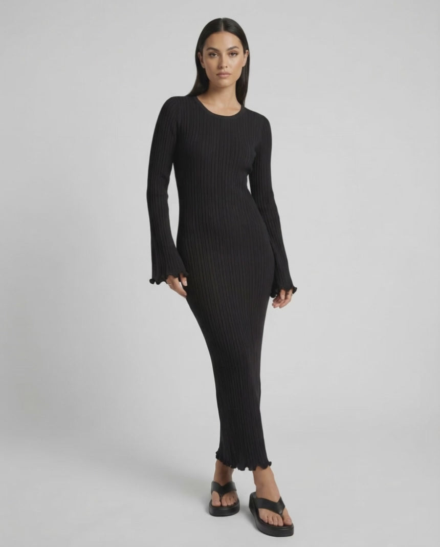 Celeste Maxi Dress by Lauven, elegant ribbed knit midi dress with ruffle sleeves in sleek black.