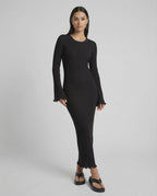 Celeste Maxi Dress by Lauven, elegant ribbed knit midi dress with ruffle sleeves in sleek black.