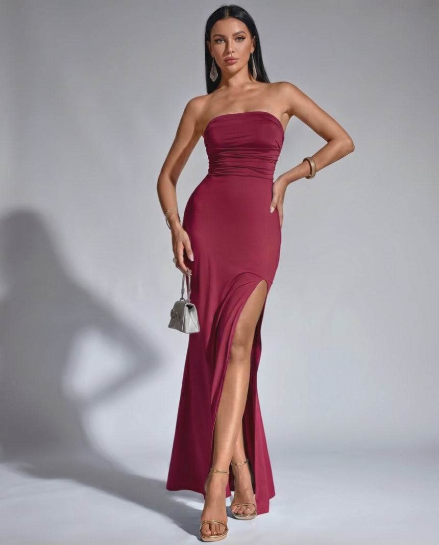 Solenne Maxi Dress by Lauven — satin blend sleeveless strapless bodycon maxi dress