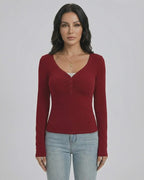 Sienna Pullover by Lauven - Women’s Slim Fit V-Neck Long Sleeve Pullover in red with button detail.