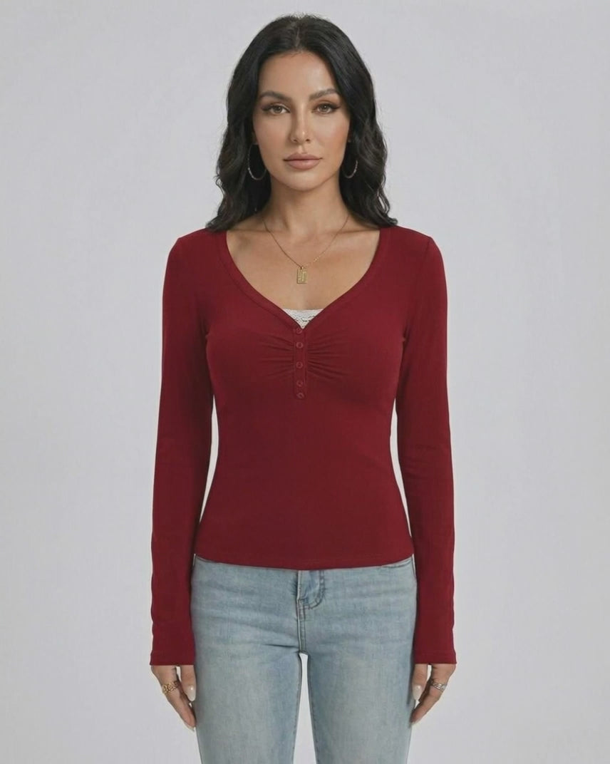 Sienna Pullover by Lauven - Women’s Slim Fit V-Neck Long Sleeve Pullover in red with button detail.