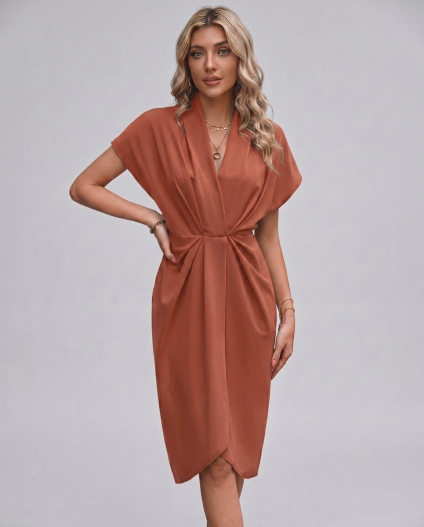 Veloura Midi Dress by Lauven — satin cap sleeve V-neck draped midi dress