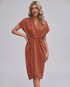 Veloura Midi Dress by Lauven — satin cap sleeve V-neck draped midi dress