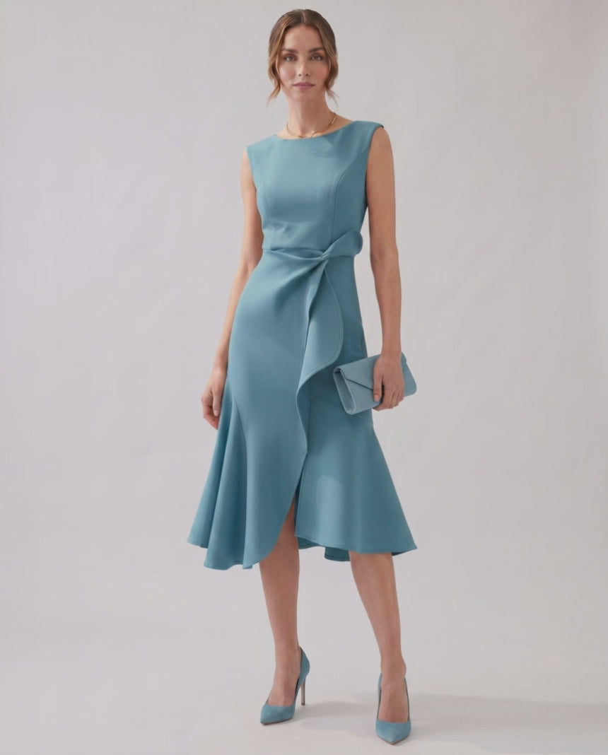 Serelune Midi Dress by Lauven — sleeveless satin midi dress with ruffle detail and fit flare silhouette