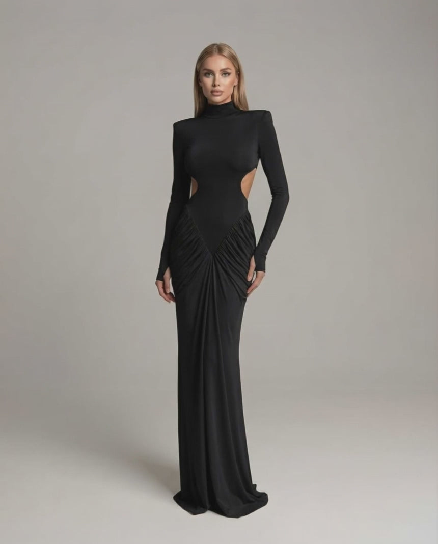 Noir Maxi Dress by Lauven featuring high neck, long sleeves, ruched open back design for elegant evening wear.