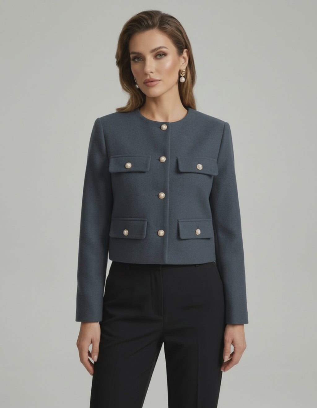 Marina Jacket by Lauven - Elegant wool blend jacket in slate blue with gold button details.