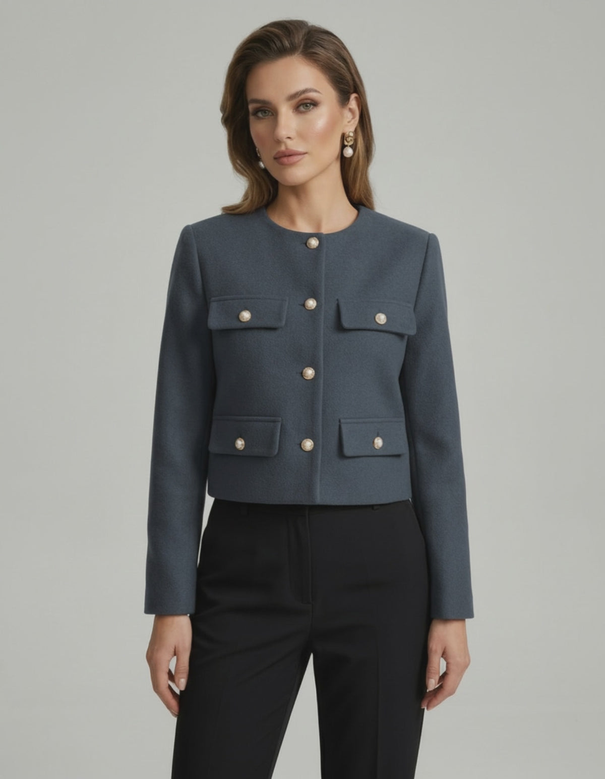 Marina Jacket by Lauven - Elegant wool blend jacket in slate blue with gold button details.